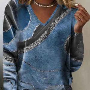Casual Abstract V Neck Long Sleeve T-shirt, T-shirts, color:Blue|size:3XL, catalog Noracora shop