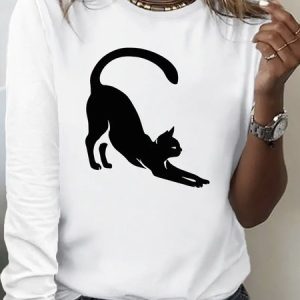 Casual Cat Crew Neck Long Sleeve T-shirt, T-shirts, color:White|size:XXL, catalog Noracora shop