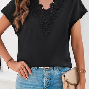 V Neck Short Sleeve Plain Regular Micro-Elasticity Loose Shirt For Women, Blouses, color:Black|size:XL, catalog Noracora shop