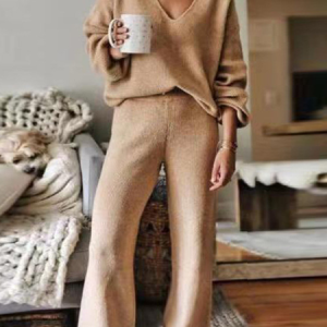 Women Plain V Neck Long Sleeve Comfy Casual Top With Pants Two-Piece Set, Sets, color:Coffee|size:3XL, catalog Noracora shop