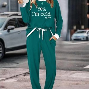 Women Text Letters Crew Neck Long Sleeve Comfy Casual Top With Pants Two-Piece Set, Sets, color:Green|size:3XL, catalog Noracora shop