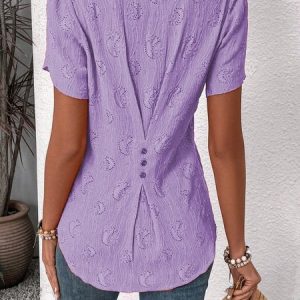 Notched Petal Sleeve Short Sleeve Plain Pullover Buttoned Regular Micro-Elasticity Loose Shirt For Women, Blouses, color:Purple|size:XXL, catalog Noracora shop