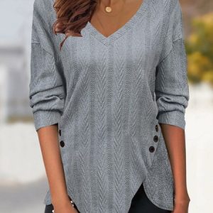 V Neck Long Sleeve Plain Regular Micro-Elasticity Loose Blouse For Women, Blouses, color:Gray|size:3XL, catalog Noracora shop