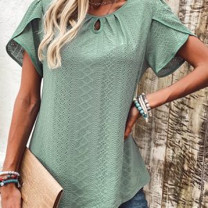 Notched Petal Sleeve Short Sleeve Plain Regular Micro-Elasticity Loose TUNIC Shirt For Women, Blouses, color:Green|size:XXL, catalog Noracora shop