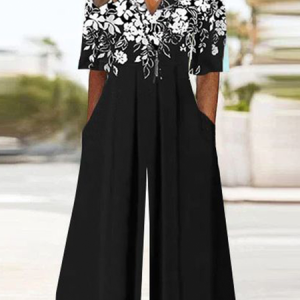 Women Short Sleeve V Neck Loose Ankle Pants Pocket Stitching Daily Casual Floral Natural T-Shirt Jumpsuit, Jumpsuits&Rompers, color:Black|size:XXL, catalog Noracora shop