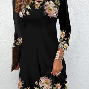 Floral print casual round neck long sleeved women's dress, Dresses, Lilicloth.com