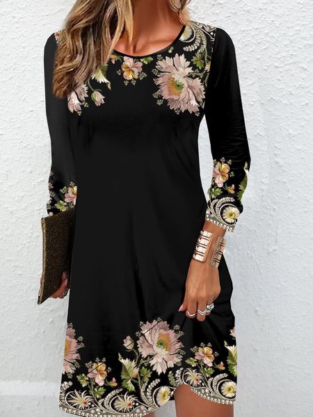 Women's Long Sleeve Spring/Fall Floral Jersey Dress Crew Neck Daily Going Out Casual Mini H-Line T-Shirt Dress, JustFashionNow Dresses, color:Black|size:XXL,