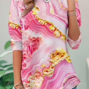 Casual Abstract Crew Neck Long Sleeve T-shirt, T-shirts, color:Pink|size:XXL, catalog Noracora shop