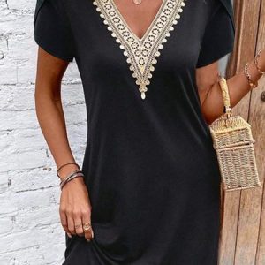 Women Plain V Neck Short Sleeve Comfy Casual Short Dress, Short, color:Black|size:3XL, catalog Noracora shop