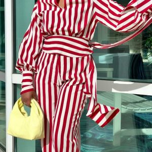 Urban Stand Collar Regular Fit Striped Blouse With Belt, Blouses and Shirts, color:Red|size:XXL, Stylewe