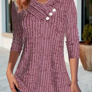 V Neck Long Sleeve Plain Regular Micro-Elasticity Loose Blouse For Women, Blouses, color:Red|size:XXL, catalog Noracora shop