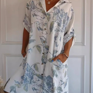 Women Floral Shirt Collar Long Sleeve Comfy Casual Midi Dress, Dresses, color:Blue|size:4XL, catalog Noracora shop