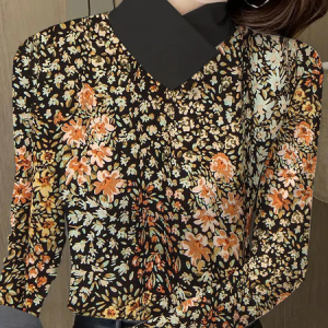 Long Sleeve Floral Regular Micro-Elasticity Regular Fit Blouse For Women, Blouses, color:Brown|size:XXL, catalog Noracora shop