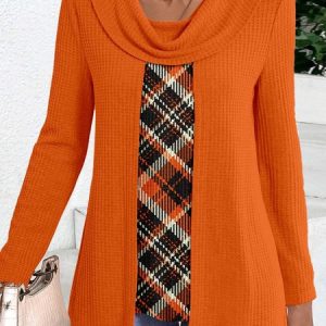 Long Sleeve Plaid Regular Micro-Elasticity Loose Mock Two-Piece Blouse For Women, Blouses, color:Orange|size:3XL, catalog Noracora shop