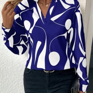 V Neck Long Sleeve Random Print Regular Loose Blouse For Women, Blouses, color:Blue|size:XXL, catalog Noracora shop