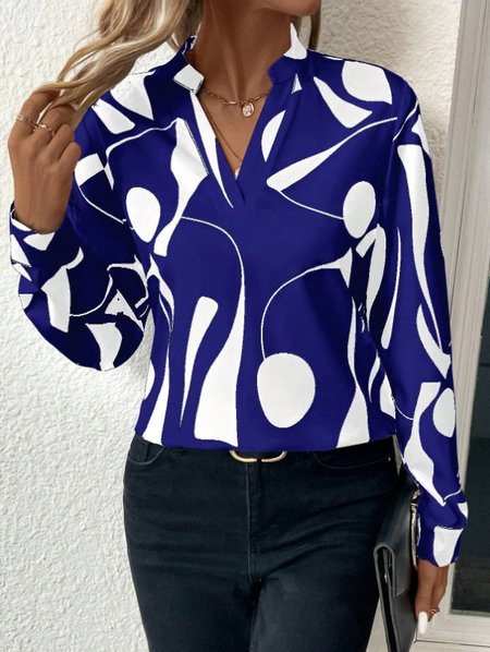Women's Long Sleeve Blouse Spring/Fall Random Print V Neck Daily Going Out Casual Top, JustFashionNow Shirts & Blouses, color:Blue|size:XXL,