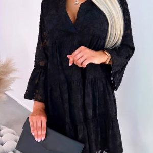 Women Plain V Neck Long Sleeve Comfy Casual Lace Short Dress, Short, color:Black|size:XL, catalog Noracora shop