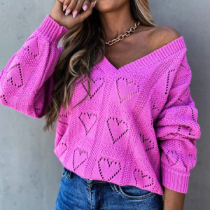 Women Yarn/Wool Yarn Plain Long Sleeve Comfy Casual Beaded Sweater, Sweaters, color:Rose Red|size:XXL, catalog Noracora shop