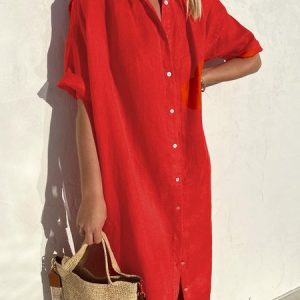 Women's Casual Dress Loose Shirt Collar Short Sleeve Cotton Mini Dress, Maxi, color:White|size:XXL, catalog Noracora shop
