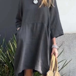 Women Plain Crew Neck Three Quarter Sleeve Comfy Casual Pocket Stitching Midi Dress, Midi, color:Deep Gray|size:3XL, catalog Noracora shop
