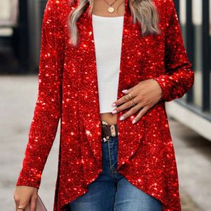 Women's Plain Glitter Regular Mid-long Loose Jacket, Cardigans, color:Red|size:XXL, catalog Noracora shop