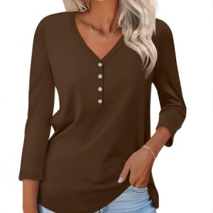 Casual Plain V Neck Long Sleeve T-shirt, Blouses, color:Brown|size:4XL, catalog Noracora shop