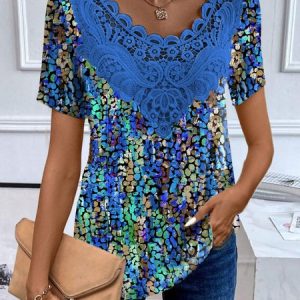 Crew Neck Short Sleeve Colorblock Lace Regular Loose Blouse For Women, Blouses, color:Blue|size:XXL, catalog Noracora shop