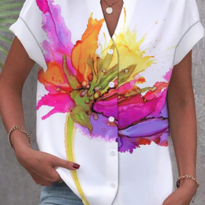 Short Sleeve Floral Regular Loose Shirt For Women, Blouses, color:White|size:XXL, catalog Noracora shop