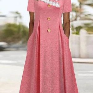 Women Plain V Neck Long Sleeve Comfy Casual Buckle Midi Dress, Maxi, color:Pink|size:3XL, catalog Noracora shop