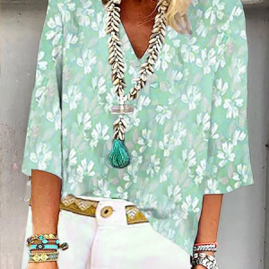 V Neck Three Quarter Sleeve Floral Lightweight Loose Blouse For Women, Blouses, color:Green|size:XXL, catalog Noracora shop