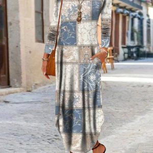 Women's Long Sleeve Spring/Fall Geometric Jersey Dress Crew Neck Daily Going Out Casual Maxi H-Line T-Shirt Dress, JustFashionNow Dresses, color:Blue|size:XXL,
