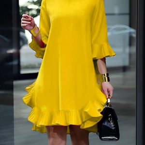 Crew Neck Loose Urban Plain Dress, Midi Dresses, color:Yellow|size:XXL, Stylewe
