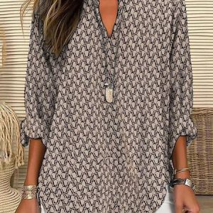 V Neck Long Sleeve Geometric Regular Loose Shirt For Women, Blouses, color:Khaki|size:XXL, catalog Noracora shop