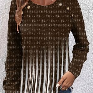 Crew Neck Long Sleeve Geometric Regular Loose Blouse For Women, Blouses, color:Coffee|size:XXL, catalog Noracora shop