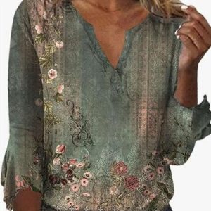 Casual Floral V Neck Three Quarter Sleeve T-shirt, T-shirts, color:Green|size:3XL, catalog Noracora shop