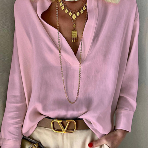 V Neck Long Sleeve Plain Regular Loose Blouse For Women, Blouses, color:Dusty Pink|size:XXL, catalog Noracora shop