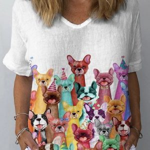 V Neck Short Sleeve Dog Regular Micro-Elasticity Loose Blouse For Women, Blouses, color:White|size:3XL, catalog Noracora shop