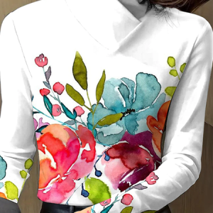 Turtleneck Long Sleeve Floral Regular Medium Elasticity Regular Fit Blouse For Women, Blouses, color:White|size:XXL, catalog Noracora shop