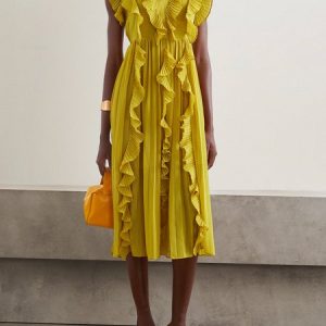 Women Plain Lotus Leaf Collar Sleeveless Comfy Vacation Maxi Dress, Dresses, color:Yellow|size:XXL, catalog Noracora shop