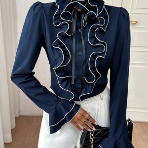 Elegant Lotus Leaf Collar Plain Ruffle Sleeve Regular Fit Shirt, Blouses and Shirts, color:Blue|size:XXL, Stylewe