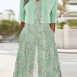Women's Printed Cardigan Coat With Jumpsuit With Pocket Two-Piece Set Daily Cap Sleeve Casual Summer Matching Set, JustFashionNow Jumpsuits＆Rompers, color:Green|size:XXL,