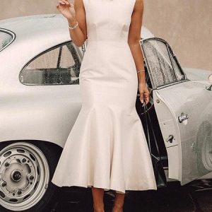 Elegant Plain Sleeveless Midi Dress, Midi Dresses, color:White|size:XXL, Stylewe