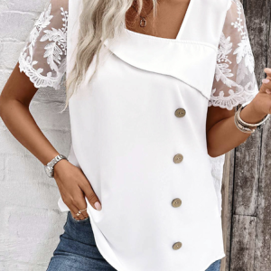 Short Sleeve Dragonfly Lace Regular Loose Blouse For Women, T-shirts, color:White|size:XXL, catalog Noracora shop