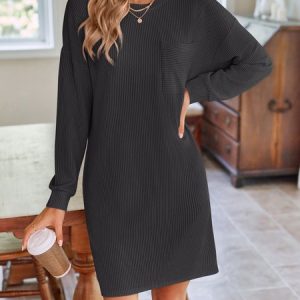 Women Plain Crew Neck Long Sleeve Comfy Casual Knee Length Dress, Dresses, color:Deep Gray|size:XXL, catalog Noracora shop