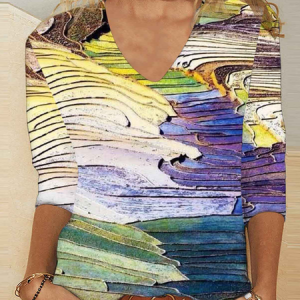 Casual Abstract V Neck Long Sleeve T-shirt, T-shirts, color:Multicolor|size:5XL, catalog Noracora shop