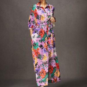 Vacation Floral Button-Front Belted Shirt Dress with Pocket, Maxi Dresses, color:As Picture|size:XXL, Stylewe