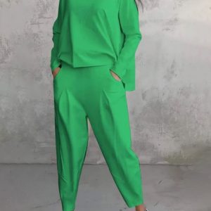 Women's Plain Daily Going Out Two Piece Set Long Sleeve Casual Spring/Fall Top With Pants Matching Set Black, JustFashionNow Suit Set, color:Green|size:3XL,