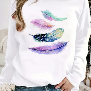 Casual Crew Neck Feather Sweatshirt, Hoodies & Sweatshirts, color:White|size:XXL, catalog Noracora shop