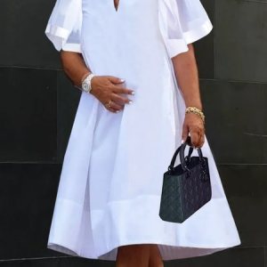 Plus Size Plain Others Loose Short Sleeve Elegant Short Dress, Plus Dresses, color:White|size:4X, Stylewe