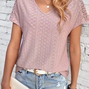 Casual Plain V Neck Short Sleeve T-shirt, Blouses, color:Pink|size:XL, catalog Noracora shop